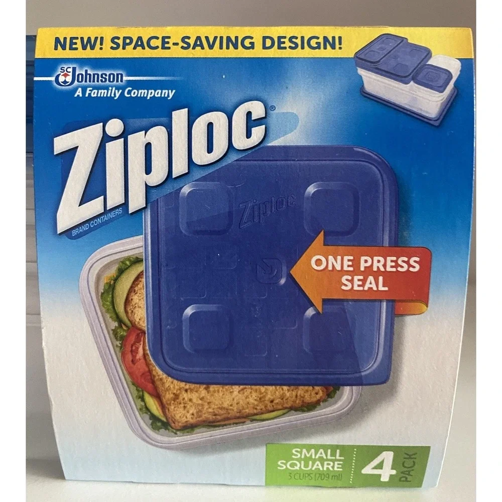 TWO Packs Ziploc Container Small Square 4Ct,  Clear Blue Stackable Storage = 8